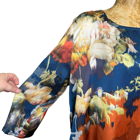 Bryn Walker Tunic Top Womens Small Blue Orange Abstract Floral Satin 3/4 Sleeve - Picture 4 of 9